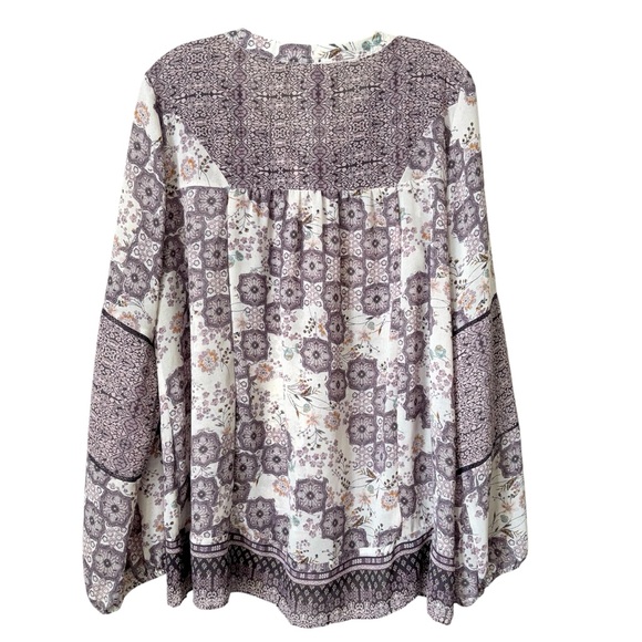 Knox Rose Womens Boho Purple Off-White Floral Print Blouse V-Neck Tassels XL - Picture 2 of 4
